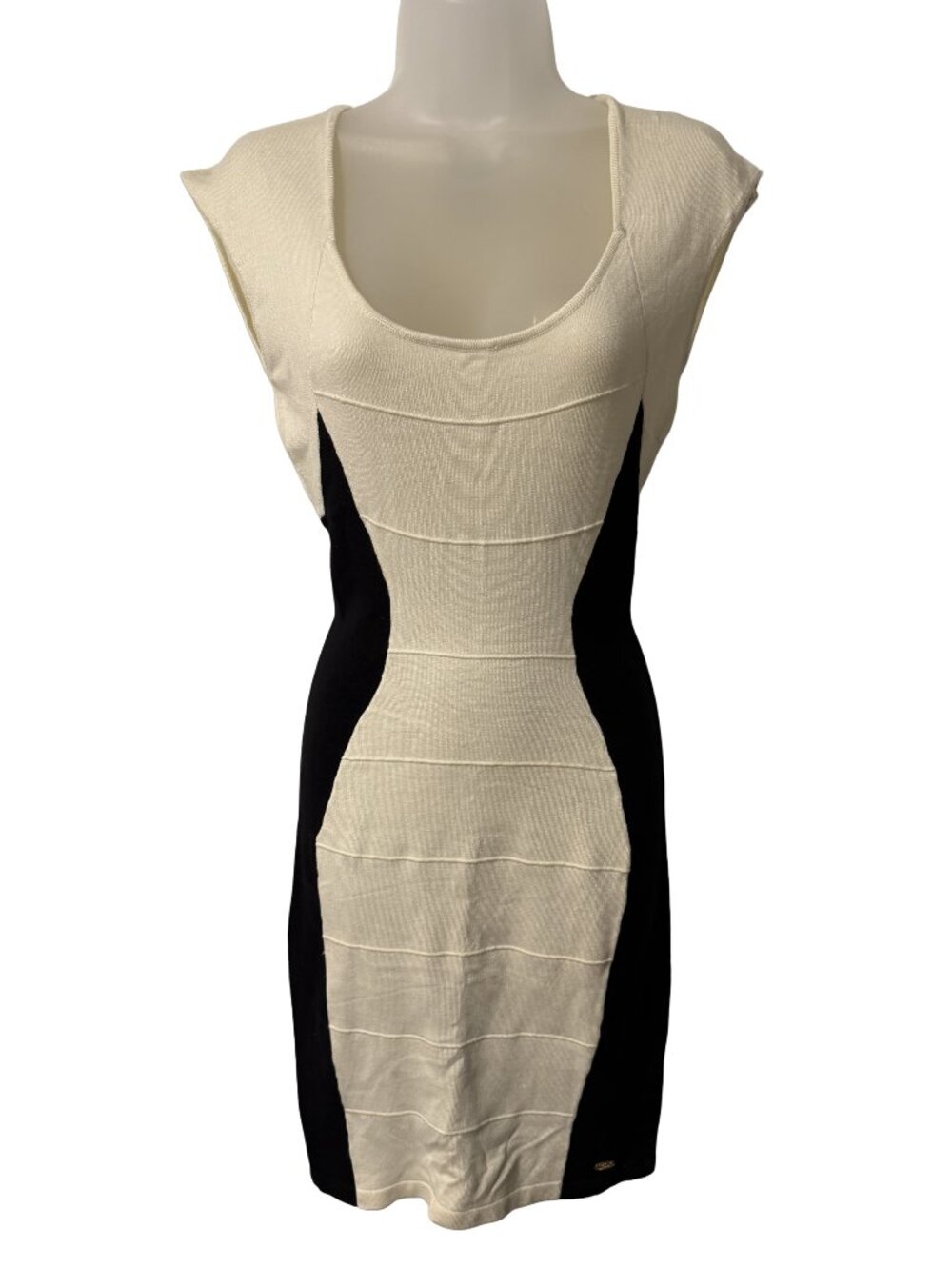 NWT Guess Colorblock Sweater Dress Ivory/Black Stretch Bodycon Dress Size Medium